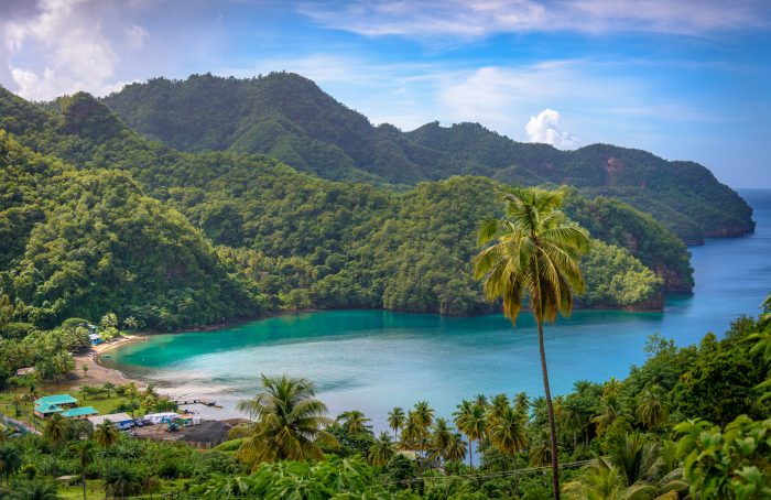 Blauwe baai met jungle in Saint Vincent en de Grenadines